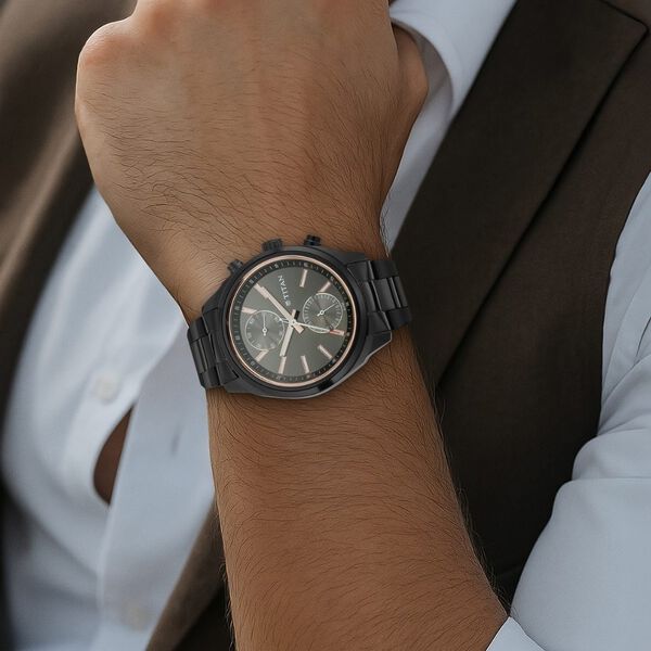 Titan Men's Metropolitan Luxe: Multifunction Mono black Dial with Two-Tone Stainless Steel Bracelet Watch - image number 5
