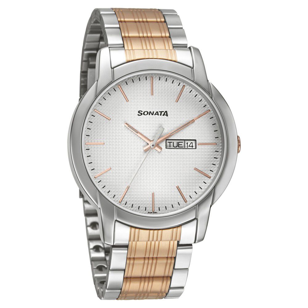 Buy Online Sonata Quartz Analog with Day and Date White Dial Metal Strap Watch for Men ns77031km02 Titan