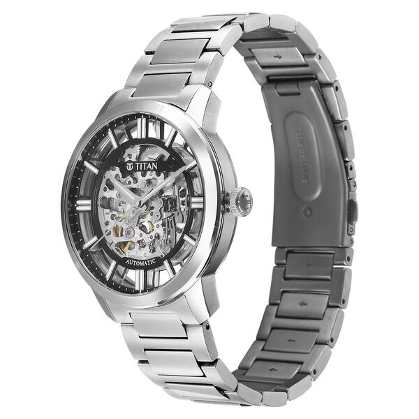 Titan See-Through Skeletal Automatic Analog with Black Dial Silver Stainless Steel Strap Watch for Men - image number 4