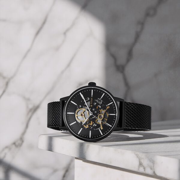 Titan Mechanical Slimline Black Dial Black Mesh Strap Watch for Men - image number 0