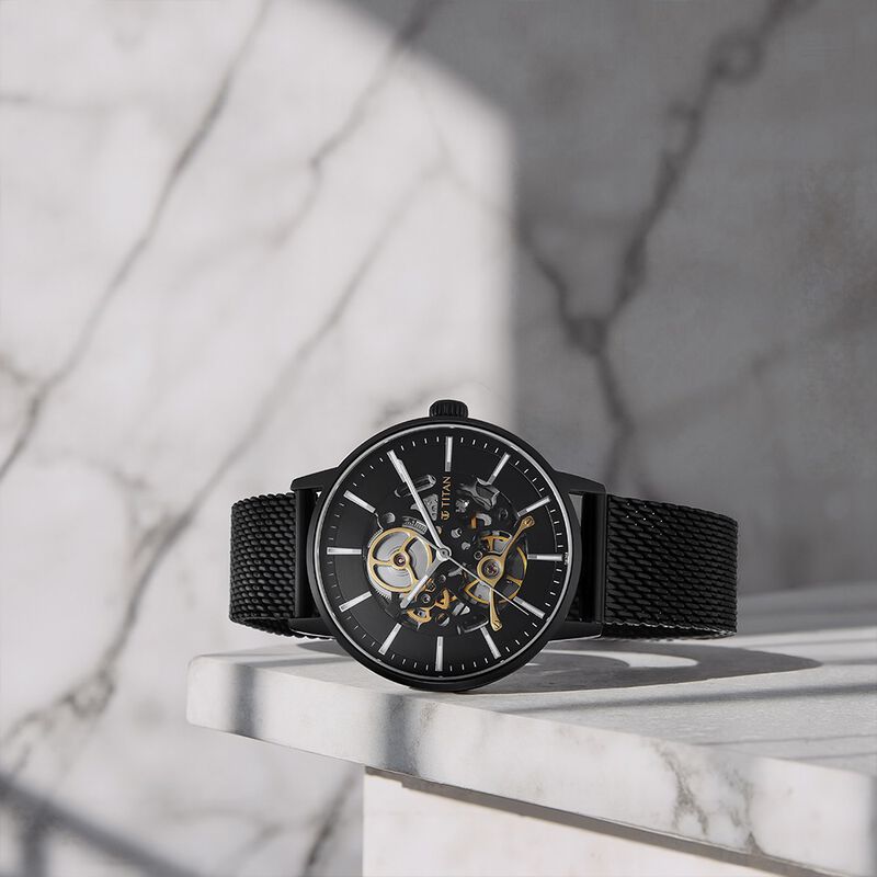 Titan Mechanical Slimline Black Dial Black Mesh Strap Watch for Men
