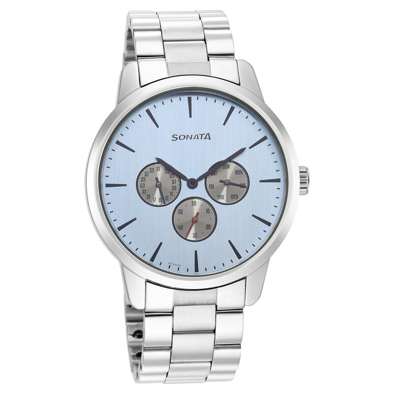 Sonata Quartz Multifunction Blue Dial Stainless Steel Strap Watch for Men