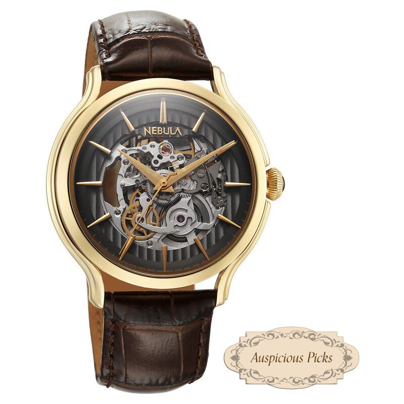 Titan Nebula Art Deco 18k Gold Skeleton Automatic Swiss calibre Leather Strap Watch for Men