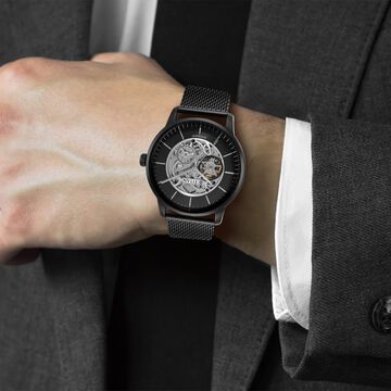 Titan Skeletal Automatic Black Dial Black Stainless Steel Strap Watch for Men