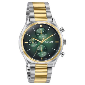 Sonata Festive Quartz Multifunction Green Dial Two Toned Metal Strap Watch For Men