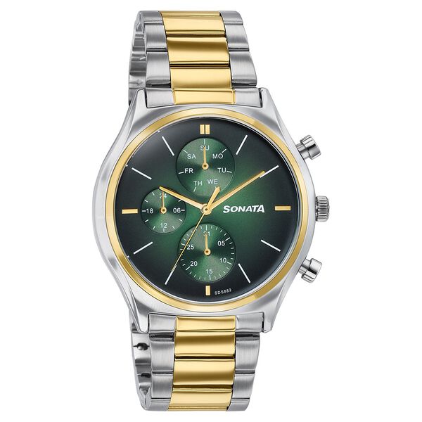 Sonata Festive Quartz Multifunction Green Dial Two Toned Metal Strap Watch For Men - image number 1