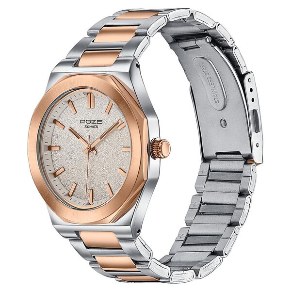 Sonata Poze Quartz Analog Beige Dial Two Toned Colour Stainless Steel Strap Watch For Men - image number 4