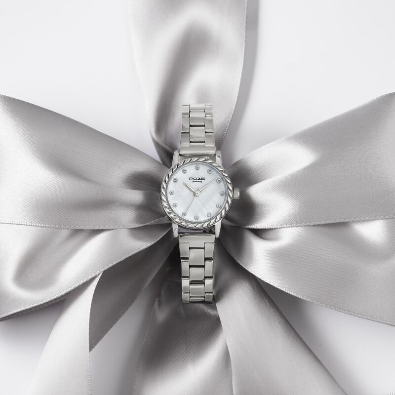 Poze By Sonata Quartz Analog White Mother of Pearl Dial Silver Metal Strap Watch For Women