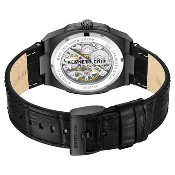 Kenneth Cole Mechanical Hand Wound Analog Mechanical Black Round Dial Black Leather Strap Watch For Men