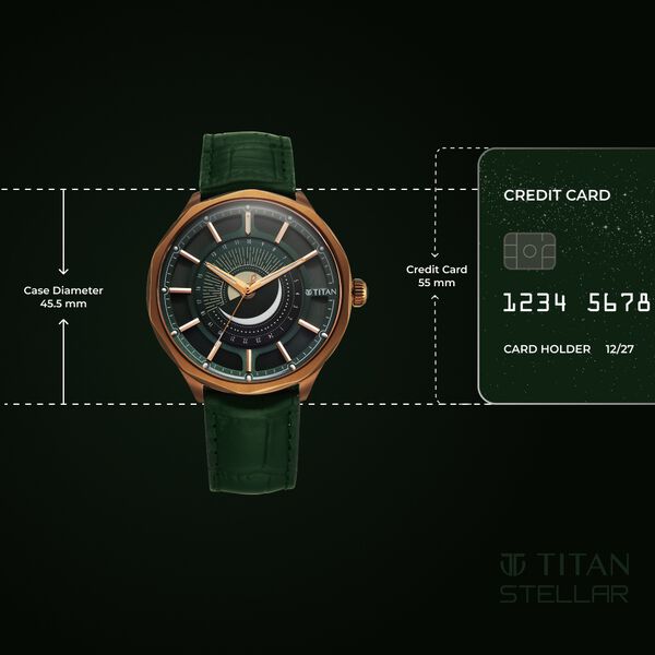 Titan Stellar Analog with Sun Moon Phase and Green Dial Green Leather Strap Watch for Men - image number 3