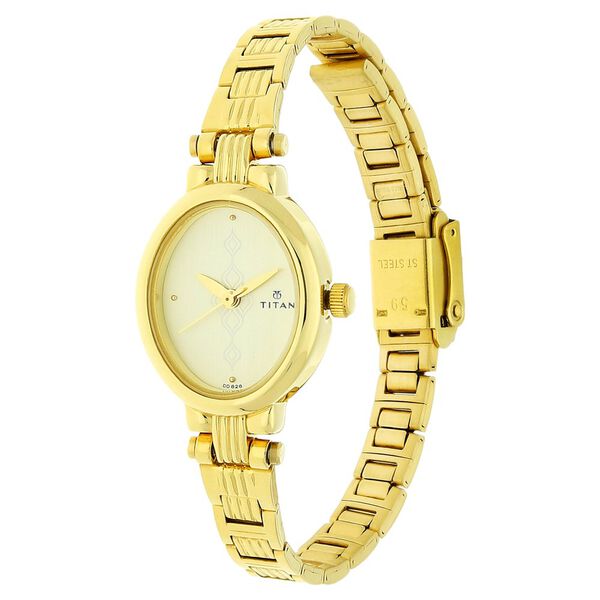 Titan Quartz Analog Champagne Dial Watch For WomenWith Golden Stainless Steel Strap - image number 1