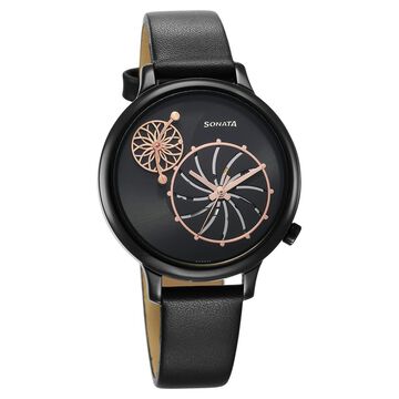 Sonata Unveil Quartz Multifunction Quartz Analog Black Dial Leather Strap Watch for Women