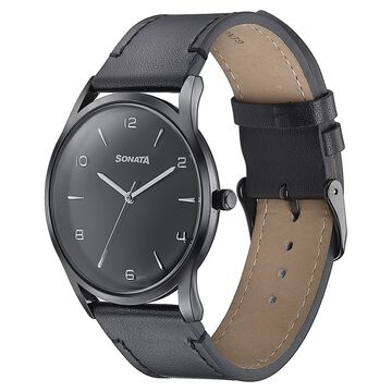 Sonata Quartz Analog Black Dial Black Leather Strap Watch For Men