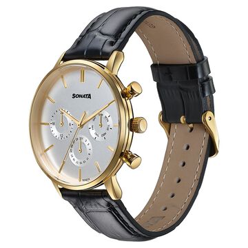 Sonata Festive Quartz Multifunction Two Toned Dial Black Leather Strap Watch For Men