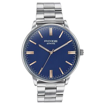 Sonata Poze Quartz Analog Blue Round Dial Silver Metal Strap Watch For Men