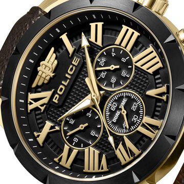 Police Quartz Multifunction Black Dial Brown Leather Strap Watch For Men