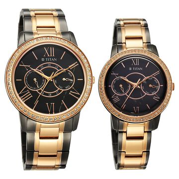 Titan Royal Bandhan Quartz Analog with Day and Date Black Dial Two Toned Strap Watch For Couple