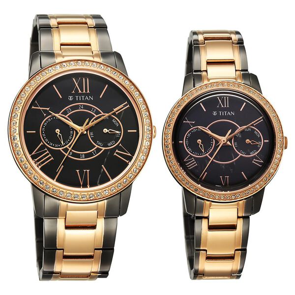 Titan Royal Bandhan Quartz Analog with Day and Date Black Dial Two Toned Strap Watch For Couple - image number 1