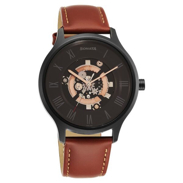 Sonata Unveil Quartz Analog Black Dial Leather Strap Watch for Men - image number 0