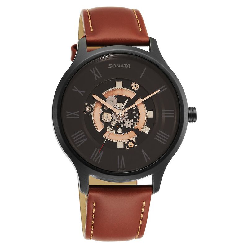 Sonata Unveil Quartz Analog Black Dial Leather Strap Watch for Men