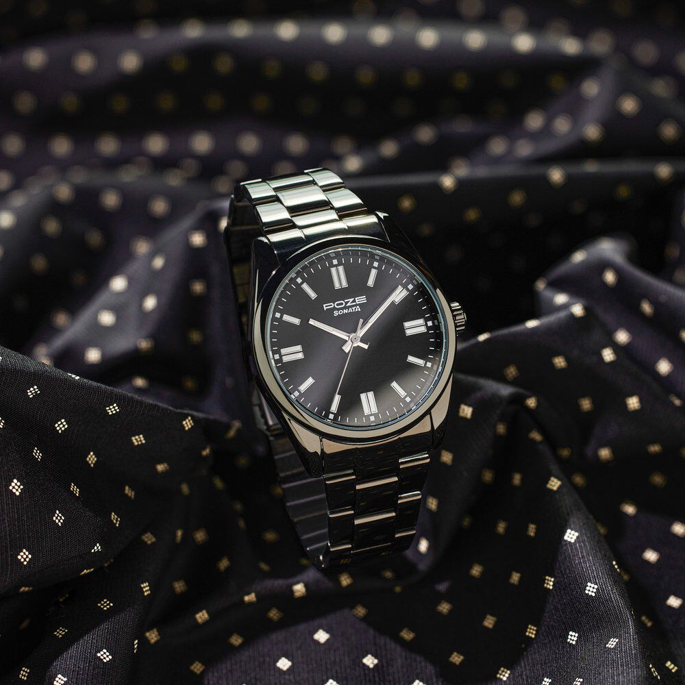 Sonata black metal watch sale