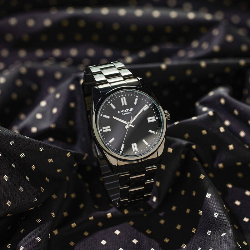 Sonata Poze Quartz Analog Black Dial Black Metal Strap Watch For Men