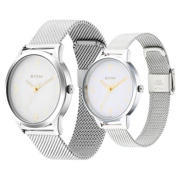 Titan Quartz Analog White Dial Stainless Steel Strap Watch for Couple - image number 2