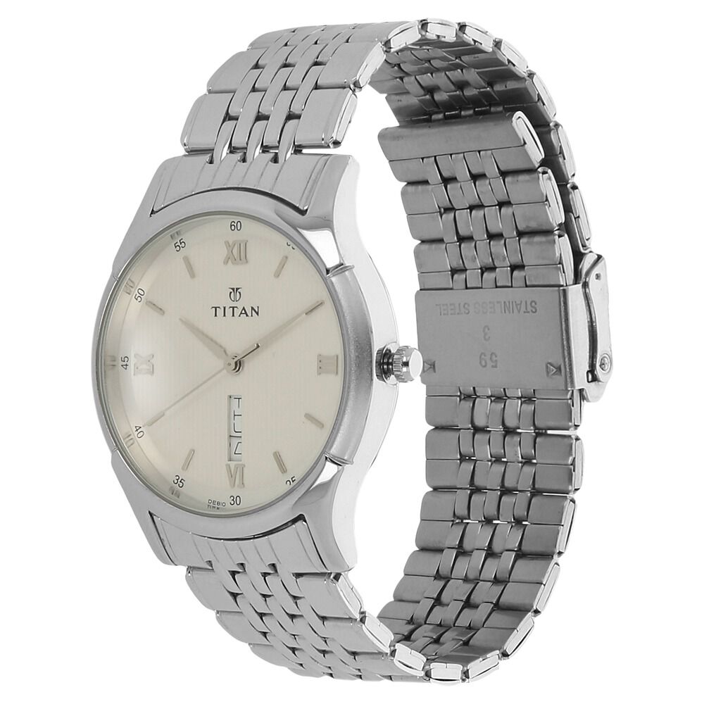 Titan Quartz Analog with Day and Date Silver Dial Stainless Steel Strap Watch for Men