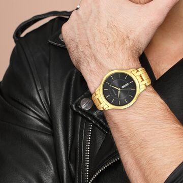 Titan Karishma Quartz Analog with Day and Date Black Dial Golden Stainless Steel Strap Watch For Men