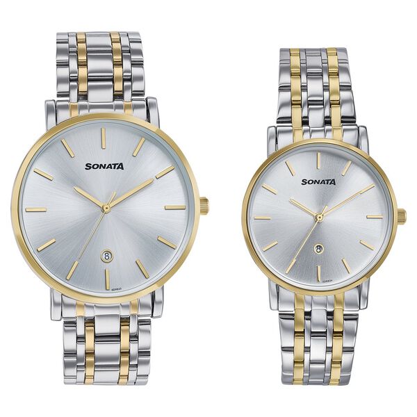 Sonata Wedding Edit Quartz Analog with Date Silver Dial Stainless Steel Strap Watch For Pair - image number 0