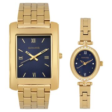 Sonata Quartz Analog Blue Dial Stainless Steel Strap Watch for Couple
