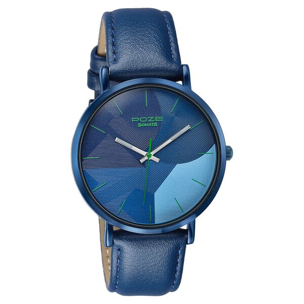 Poze By Sonata Quartz Analog Blue Dial Blue Leather Strap Watch For Men - image number 2