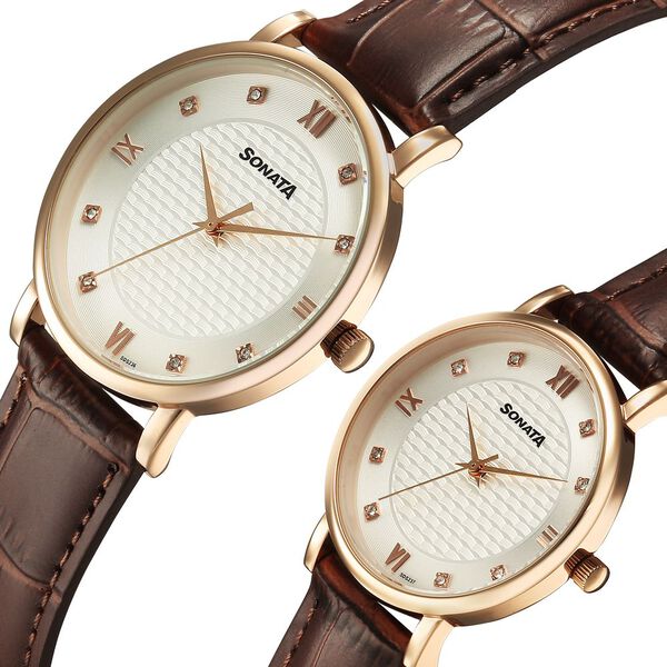 Sonata Perfect Pairs Quartz Analog White Dial Brown Leather Strap Watch For Couple - image number 2
