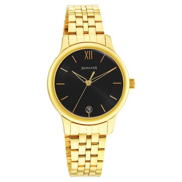 Sonata Classic Gold Black Dial Metal Strap Watch for Women