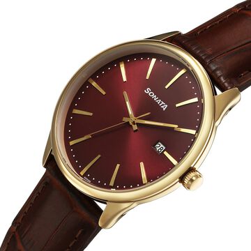 Sonata Eternia Quartz Analog with Date Maroon Dial Leather Strap Watch For Men