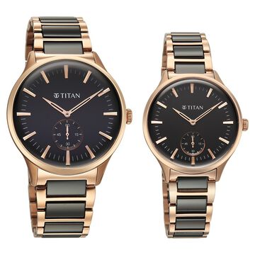 Titan Modern Bandhan Pair Analog with Black Dial Ceramic and Rose Gold Stainless Steel Strap Watch for Couples