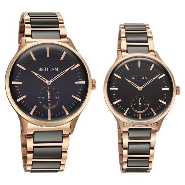Titan Modern Bandhan Pair Analog with Black Dial Ceramic and Rose Gold Stainless Steel Strap Watch for Couples - image number 1