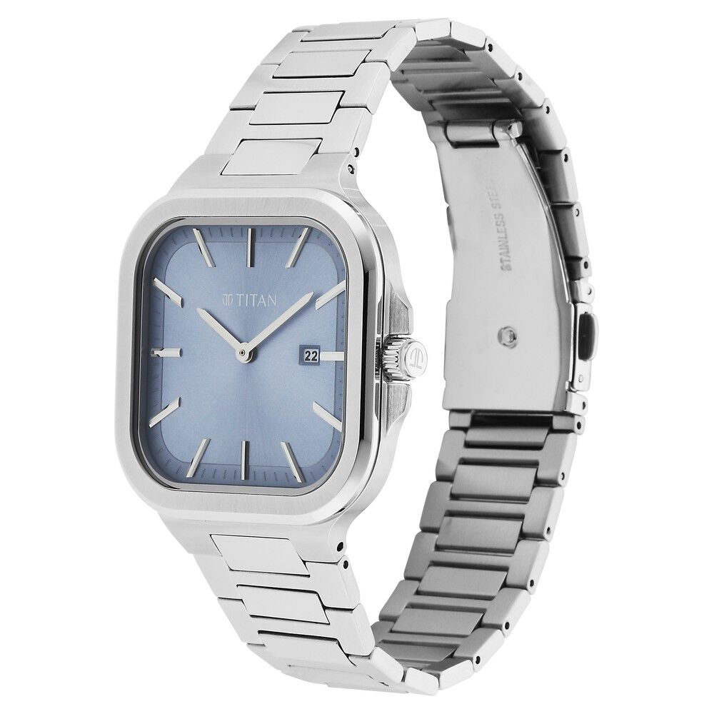 Buy Online Titan Classique Slim Square Quartz Analog with Date Blue Dial Stainless Steel Strap Watch for Men 90176sm01 Titan