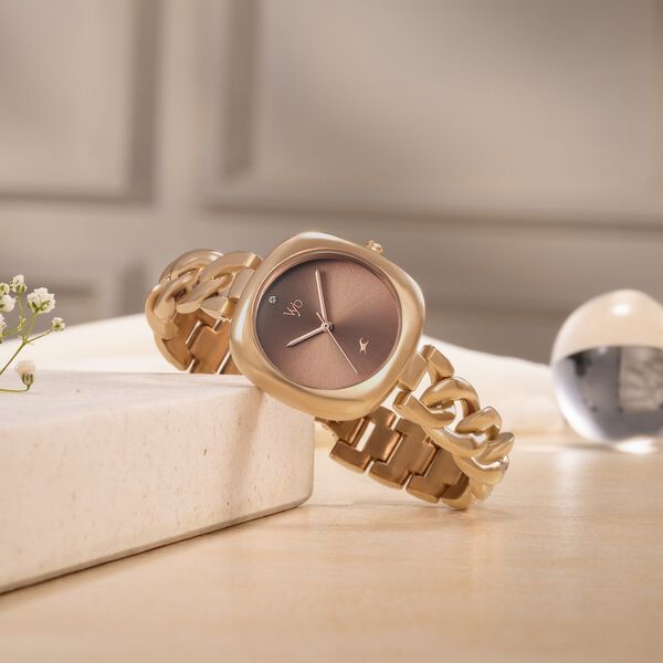 Vyb Spotlight By Fastrack Quartz Analog Brown Dial Rose Gold Metal Strap Watch For Girls - image number 0