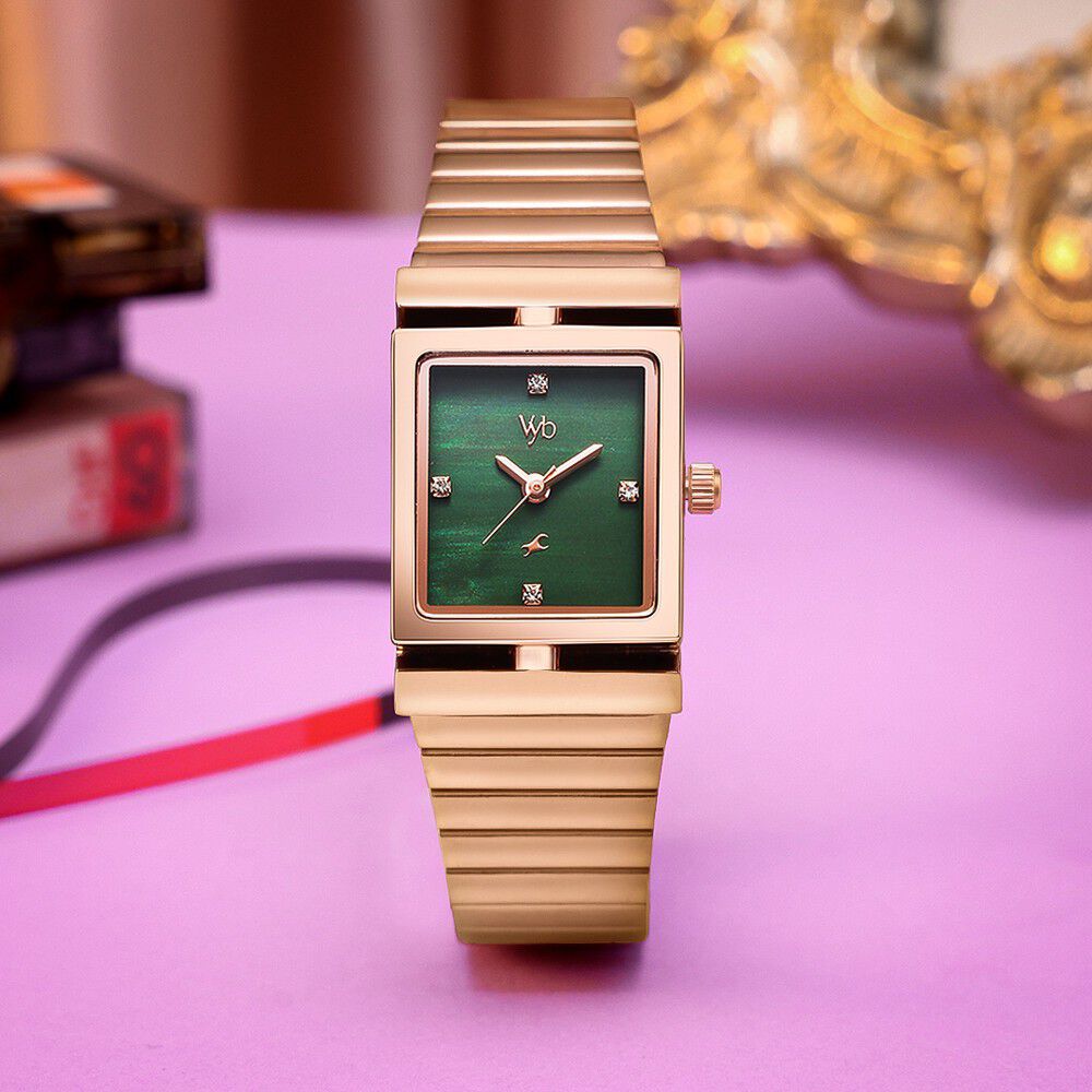 Vyb Showstopper By Fastrack Quartz Analog Green Dial Rose Gold Stainless Steel Strap Watch For Girls-picture-11