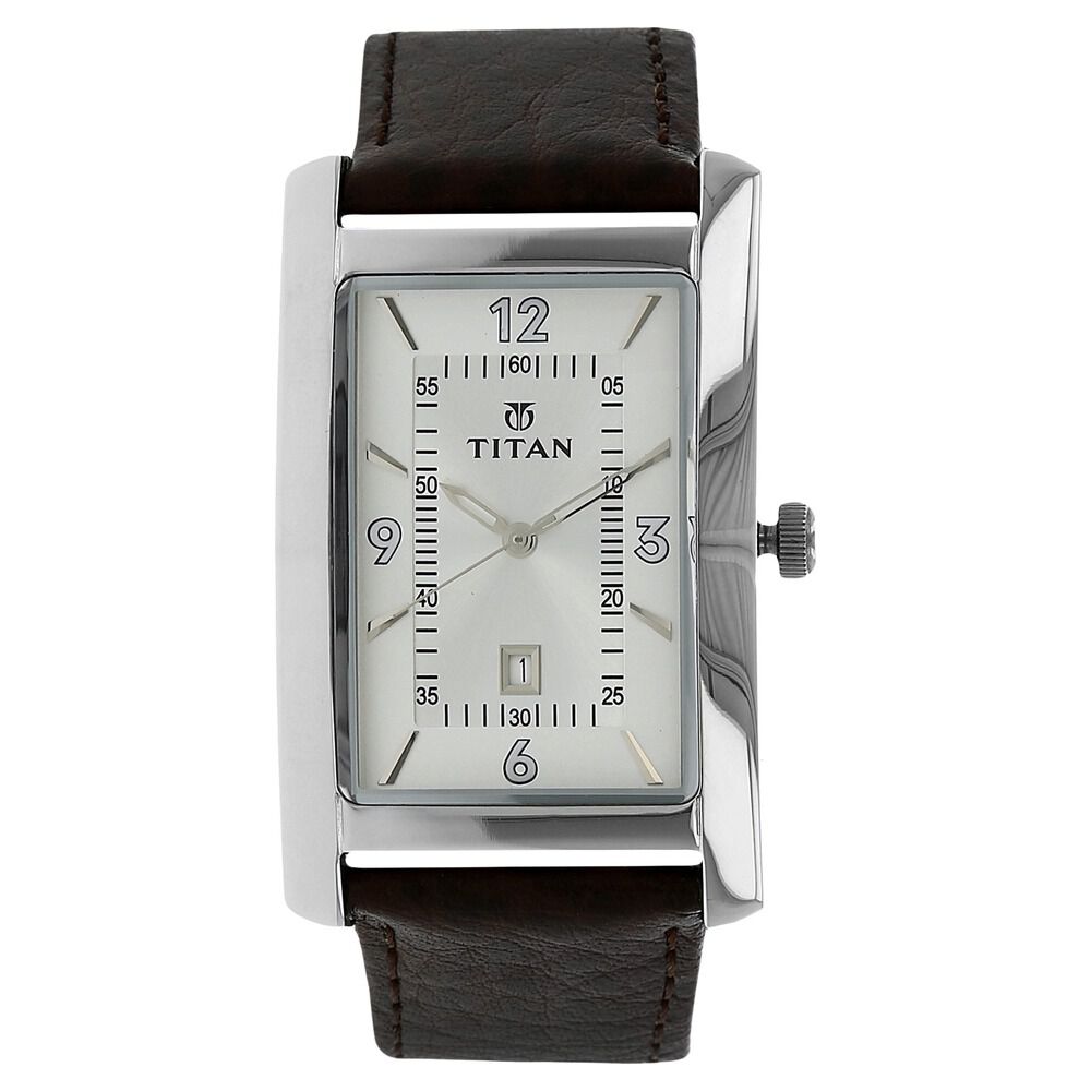 Buy Online Titan Quartz Analog with Date Silver Dial Leather Strap