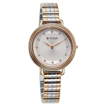 Titan Aura Quartz Analog Silver Dial Two Toned Stainless Steel Strap Watch For Women