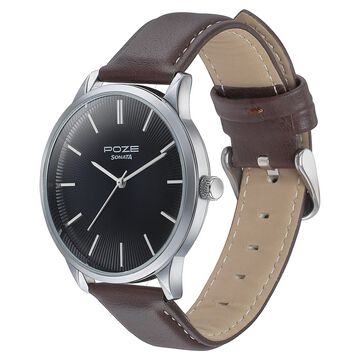 Sonata Poze Quartz Analog Black Dial Brown Color Leather Strap Watch For Men