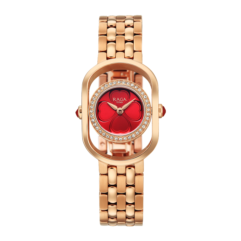 Titan Raga Paris, with Love Quartz Analog Red Mirror Polished Dial Rose Gold Stainless Steel Strap Watch For Women-picture-18