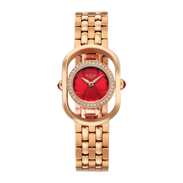 Titan Raga Paris, with Love Quartz Analog Red Mirror Polished Dial Rose Gold Stainless Steel Strap Watch For Women - image number 0