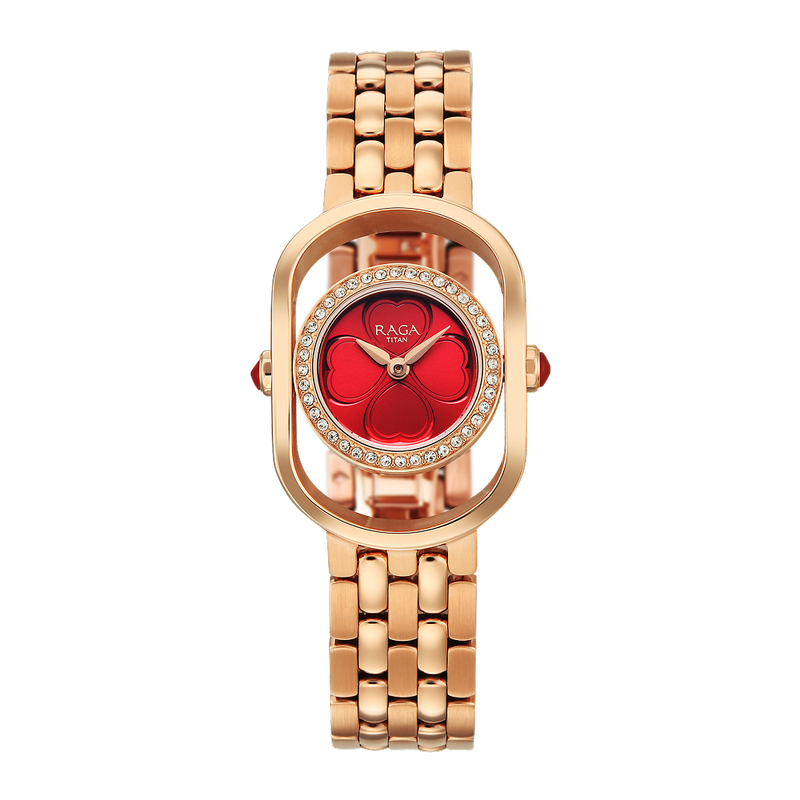 Titan Raga Paris, with Love Quartz Analog Red Mirror Polished Dial Rose Gold Stainless Steel Strap Watch For Women
