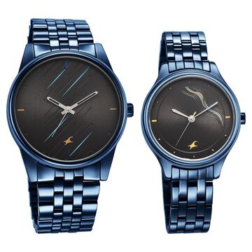 Fastrack Mixmatched Quartz Analog Black Dial Blue Stainless Steel Strap Watch for Couple