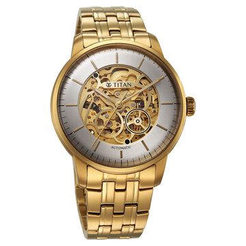 Titan Golden Heart Skeletal Automatic Analog with Silver Dial Yellow Gold Stainless Steel Strap Watch for Men