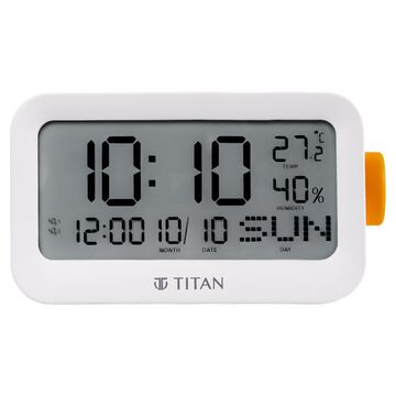Titan Alarm Clock - Digital Lcd Screen Display With Day Date Month Temperature Humidity, Rotating Knob Setting