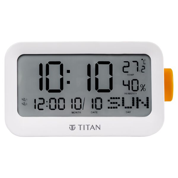 Titan Alarm Clock - Digital Lcd Screen Display With Day Date Month Temperature Humidity, Rotating Knob Setting - image number 1